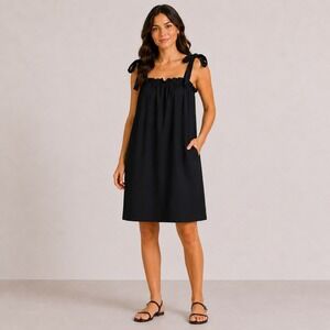 J.Crew Women Black Cotton Poplin Tie Shoulder Ruffle Shift Dress XL